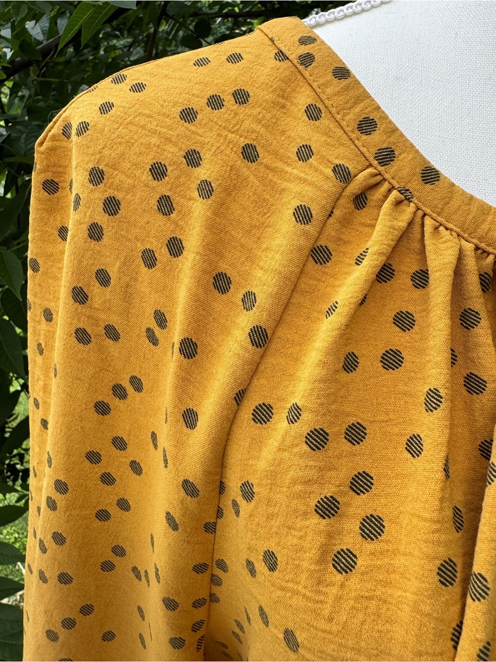 Mustard Polka Dot Tie Neck Peasant Blouse Large XL - Picture 3 of 6